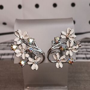 Coro White Floral Aurora Borealis Rhinestone Silver Tone Clip Earrings